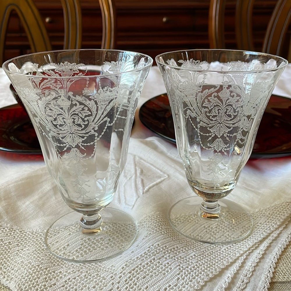 Morgantown Milan Depression era etched crystal footed ice tea glasses tumblers